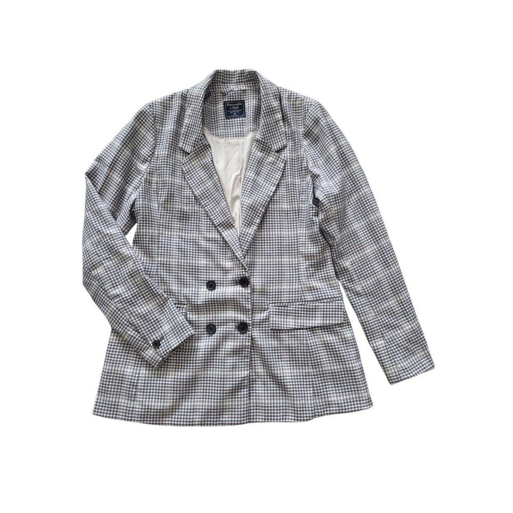 Abercrombie Fitch Plaid Double Breasted Blazer Jacket Gray Women M Preppy Slouch